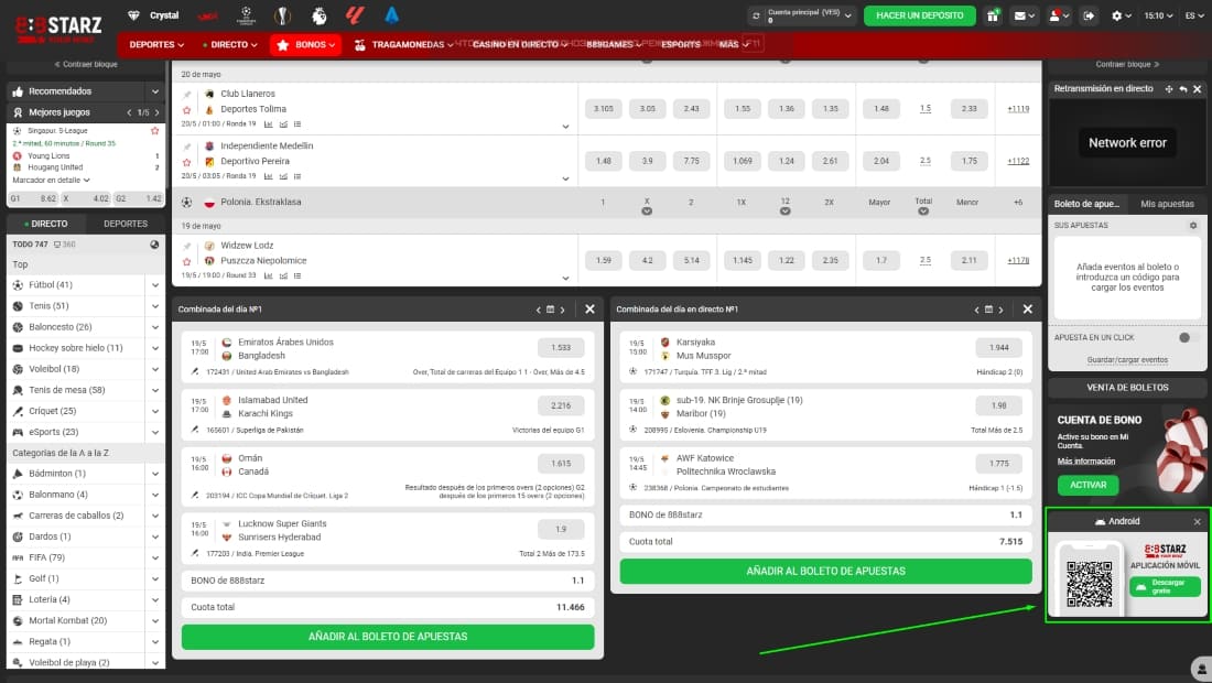 Sección de combinadas diarias con eventos en vivo y opciones destacadas de apuestas
