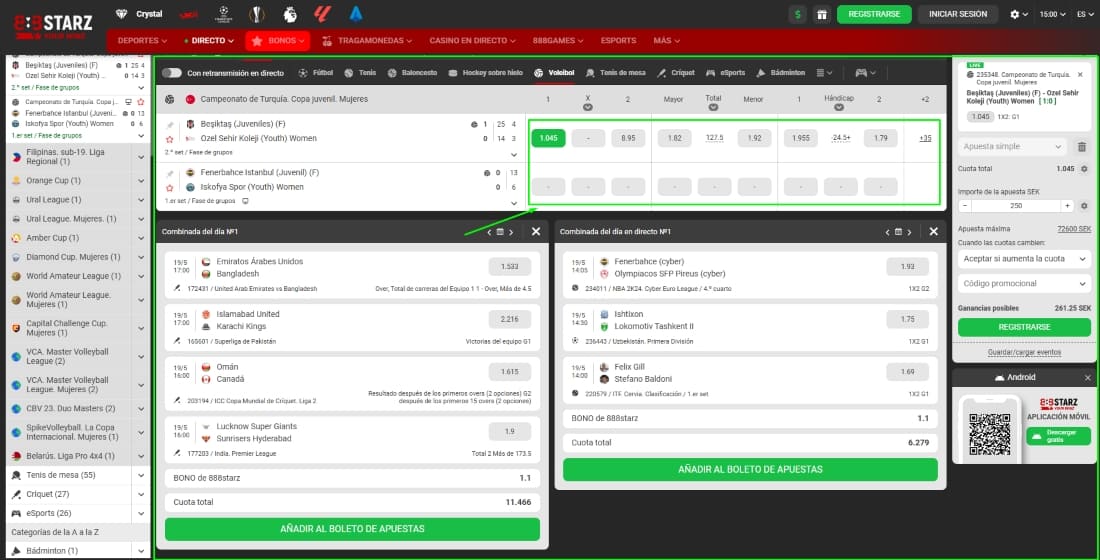 Interfaz de apuestas en vivo con combinadas y cuotas resaltadas en eventos deportivos
