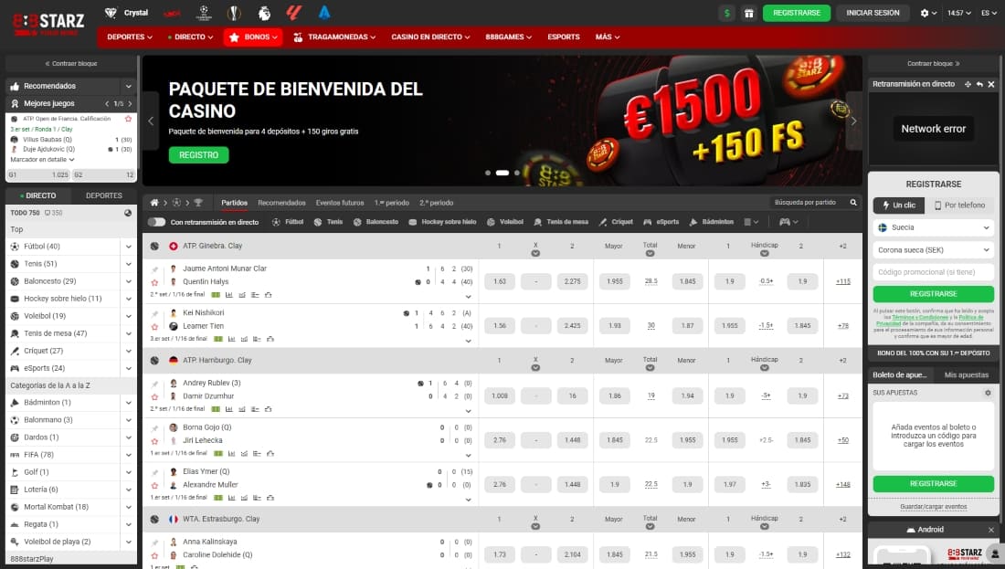 Página promocional de bienvenida del casino con bono de €1500 y 150 giros gratis