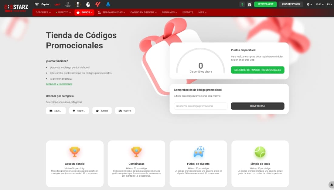 Tienda de códigos promocionales con opción para canjear puntos y buscar recompensas