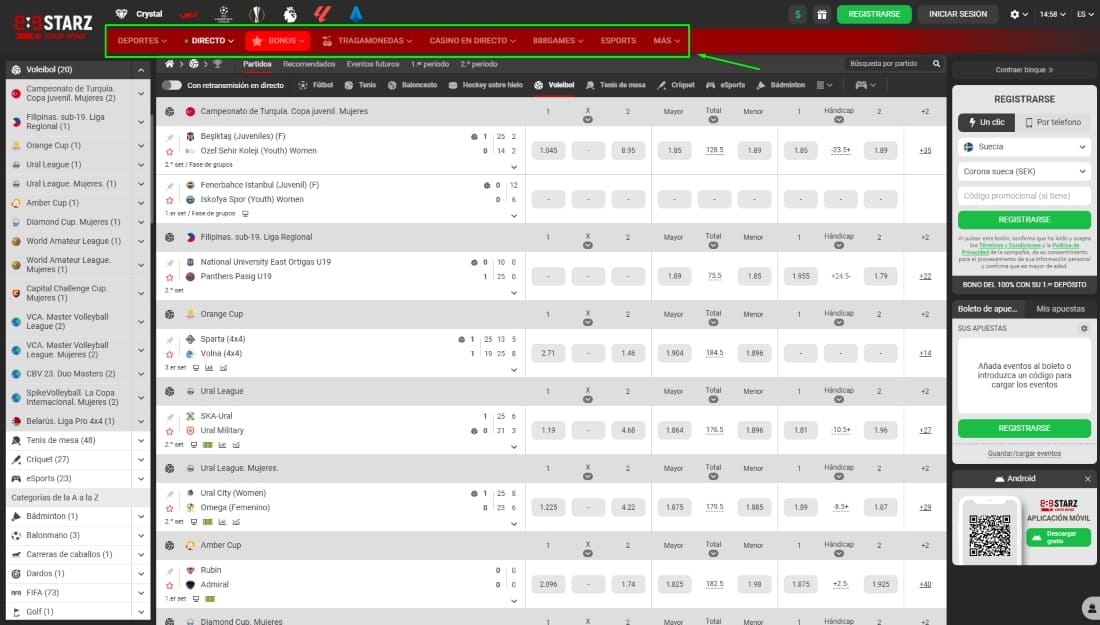 Lista de partidos en vivo con apuestas activas y registro abierto en la barra lateral del sitio