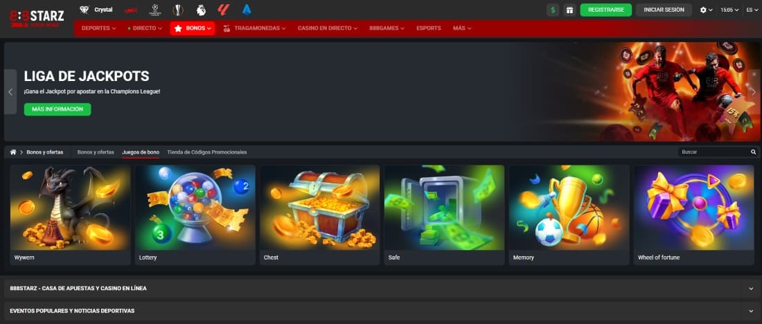 Vista de juegos con temática de bono y jackpots dentro de la sección promocional del casino