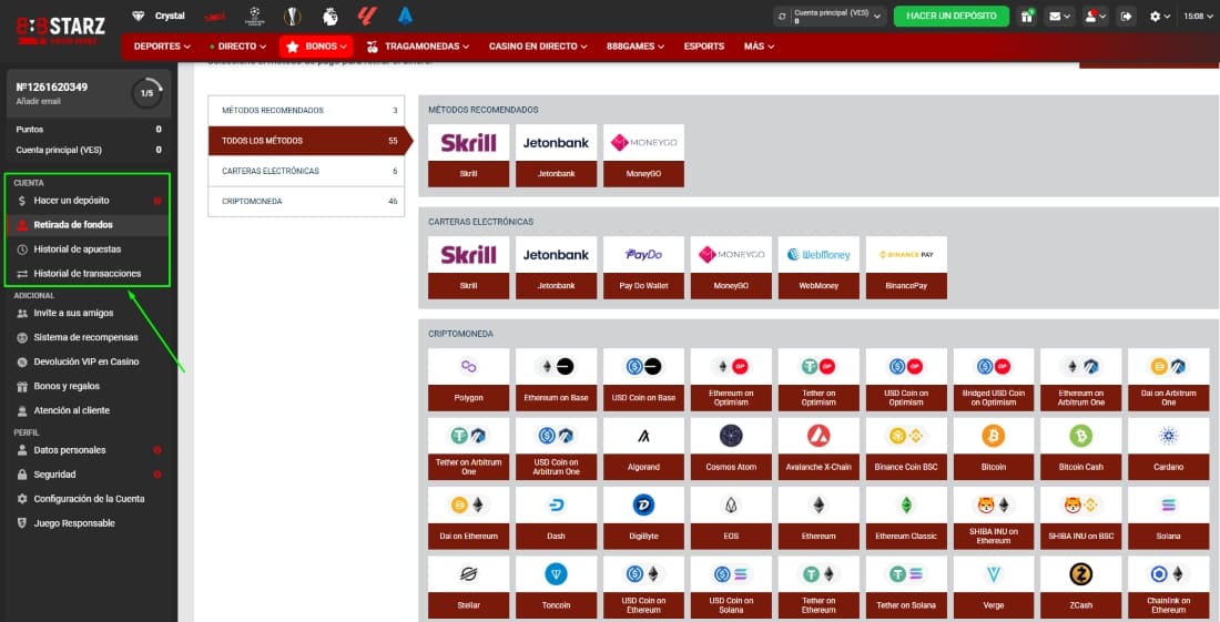 Opciones de depósito y retiro disponibles en 888Starz con criptomonedas y billeteras