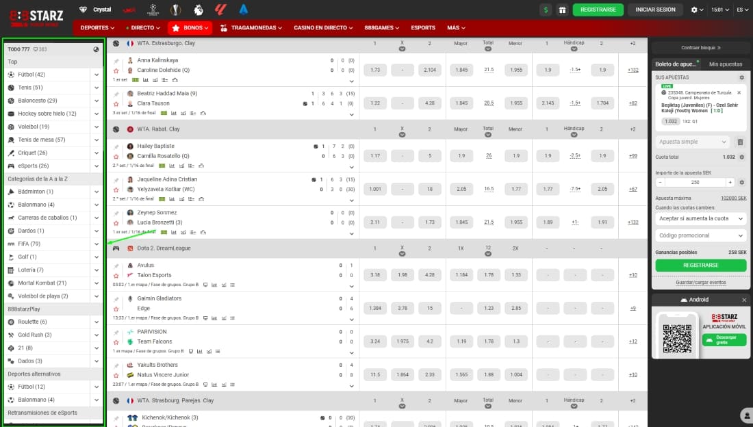Vista principal de la sección de apuestas deportivas con deportes y cuotas organizadas