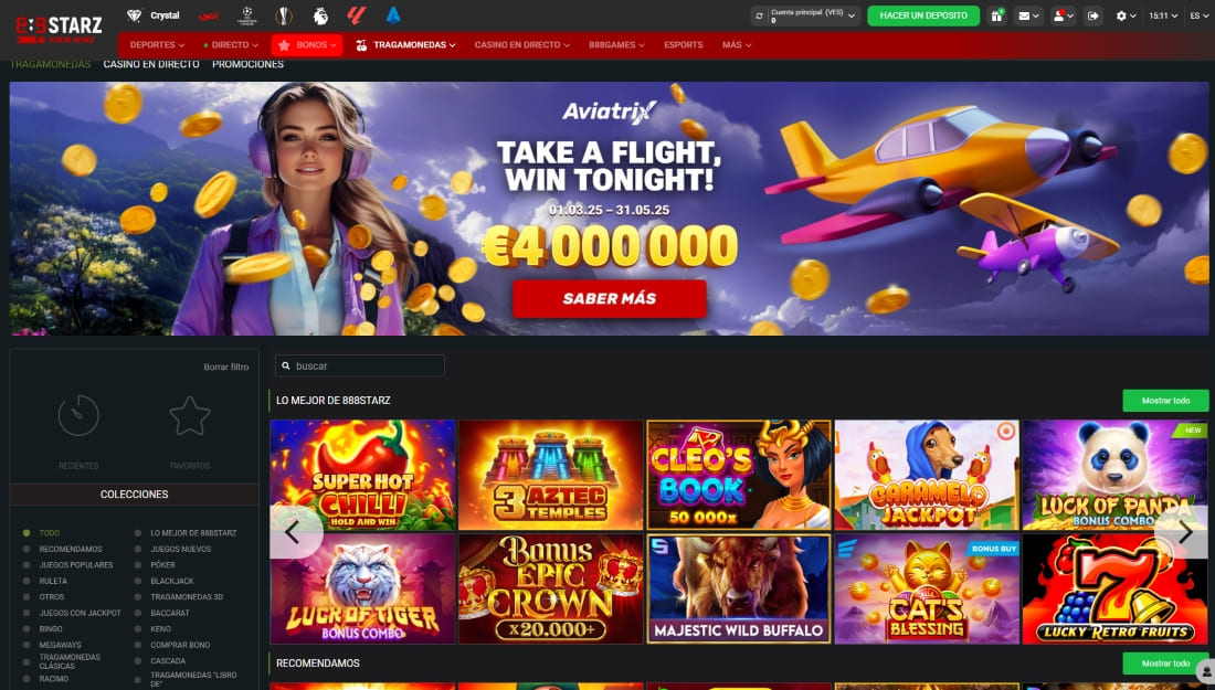 Vista de la sección de tragamonedas con juegos destacados y promociones activas